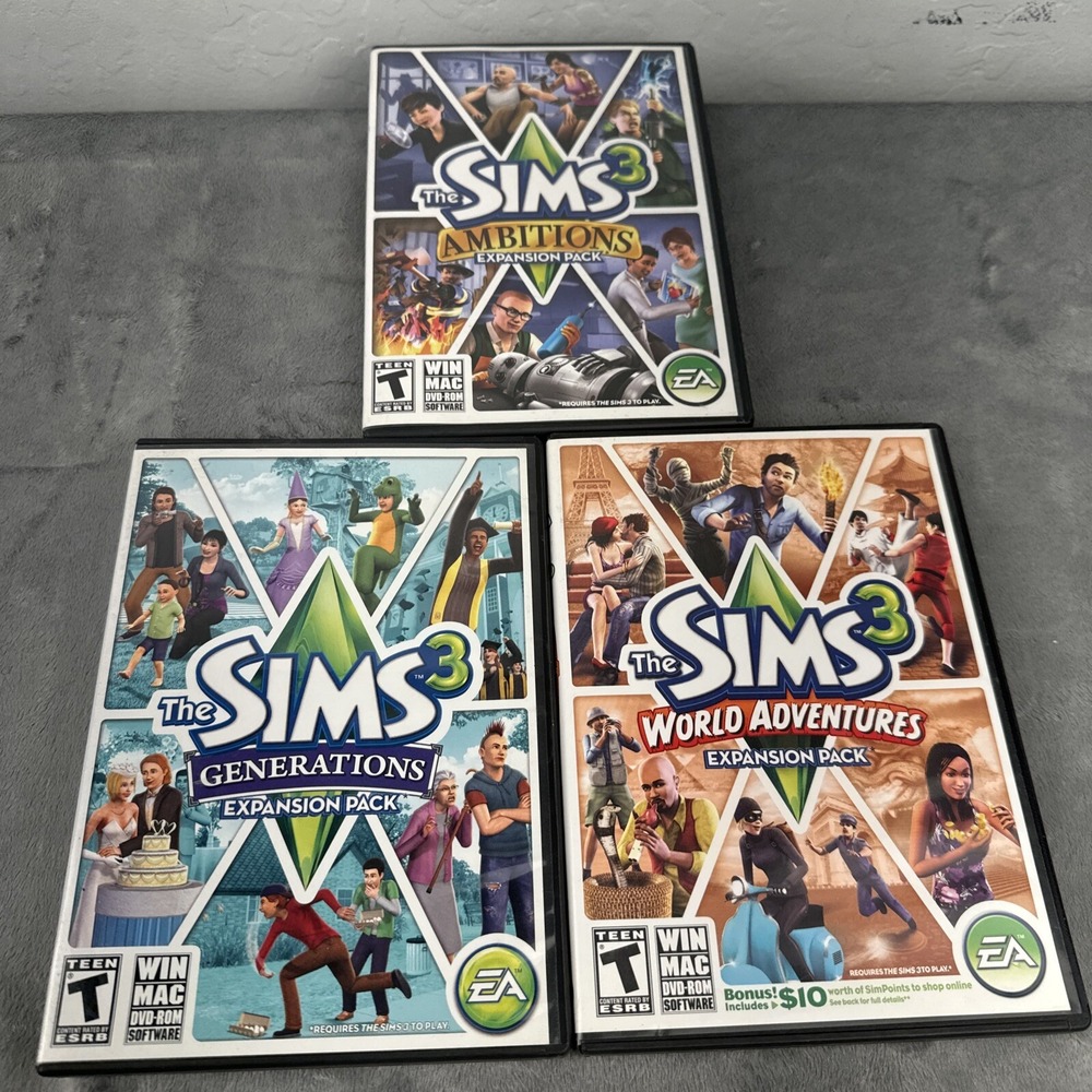 Lot of 3 Sims 3 Expansion Packs Generations, Ambitions & World Adventures PC